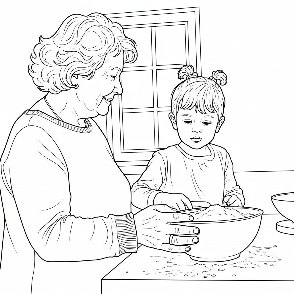 Baking day with Nana — printable coloring page