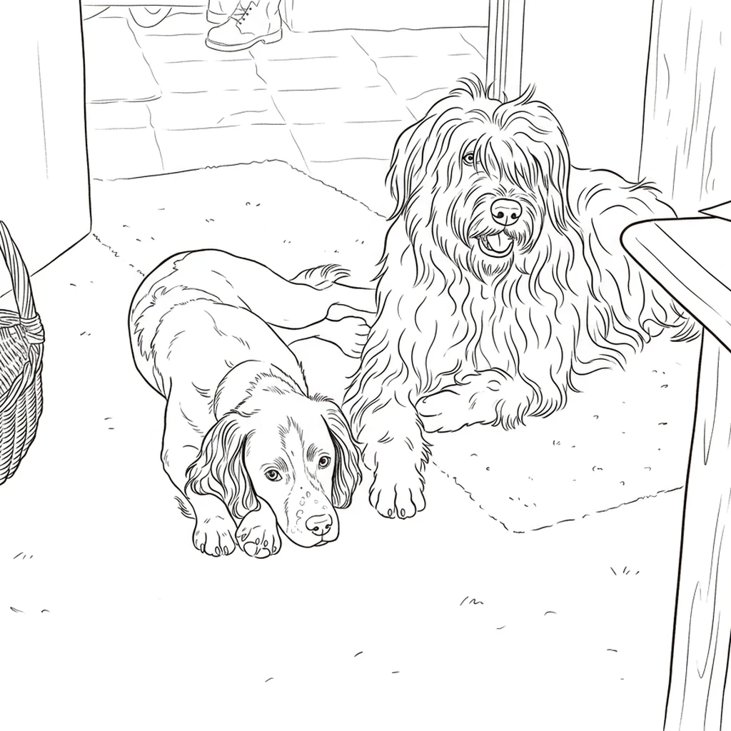 Two dogs in the doorway — coloring page